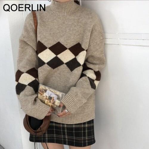 Winter Korean Style Oversize Diamond Sweater Turtleneck Thick Warm Sweater Women Oversize Pullover BF Couple Poncho Knitwear Top