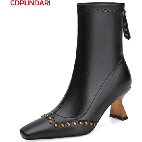 Ladies Genuine Leather High heels Ankle Boots Women Autumn Winter Rivet Punk Martin Short Boots Shoes Bottines Femme Black White