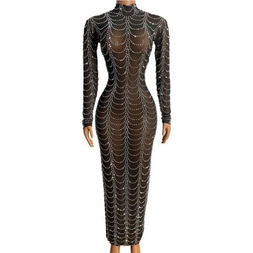 Birthday Party Prom Celebration Rhinestones Dress Silver Black Mesh Transparent Long Sleeve Wrap Hips Women Singer Host Costume