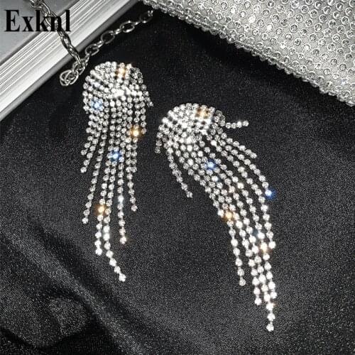 Exknl Tassel Big Long Earrings for Women Silver Color Crystal Dangle Party Bridal Statement Drop Earrings Jewelry Earrings 2020