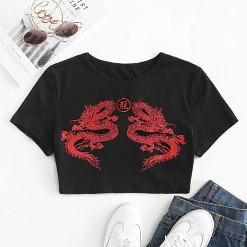 40#Dragon Print T shirts Goth Women Ladies Short Sleeve Pullover Tops Shirts Navel Harajuku Streetwear Comfy Summer Outfit