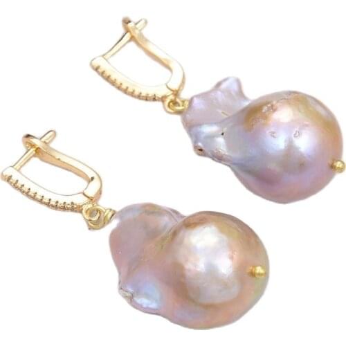 GG Jewelry Natural Cultured Purple Keshi Baroque Pearl Cubic Zirconia Pave Lever Back Dangle Earrings Luxury For Women