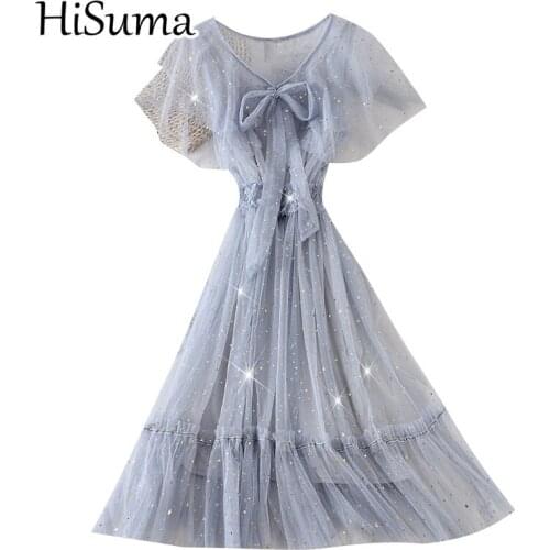 HISUMA Summer Women O-Neck Bandage Lace Up Bling Sequin Ruffles Dress Lady Elastic Slim Pleated Mesh Gauze Party Midi Chic Dress