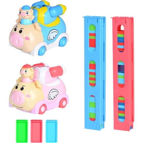 Kids Domino Game Toy Domino Car Blocks Electric Simulation Pig Building Stacking Machine Toys for Children Christmas Gift