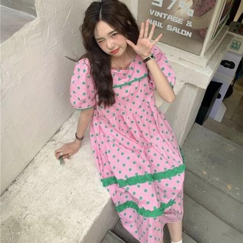 Korean Chic Sweety Preppy Style Girly Dress Kawaii Square Collar Cute Wave Point Puff Sleeve Loose Ruffles Long Dresses Female