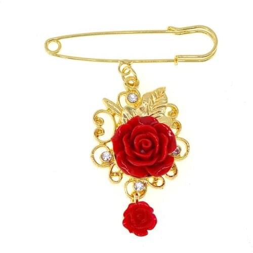 Red Flower Brooch Metal Vintage Women Girl Charming Exquisite Collar Lapel Pin Fashion Jewelry Party Accessories