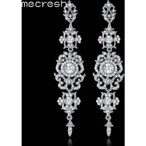 Mecresh Gold Color Crystal Bridal Long Earrings for Women Sun Floral Shape Praty Hanging Earrings Wedding Jewelry EH182