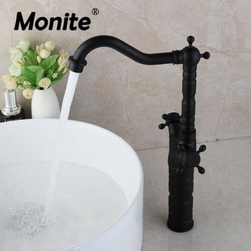 Monite Luxury Matte Black Tall Bathroom Basin Tap Black Painting Counter Top Kitchen Vessel Sink Swivel Mixer Tap Faucet