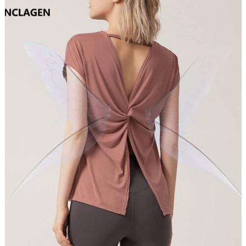 NCLAGEN Yoga Blouse Women Loose Quick Dry Running Sports Top Short Sleeve Naked-feel Fabric Workout Elastic Gym Fitness T-shirt