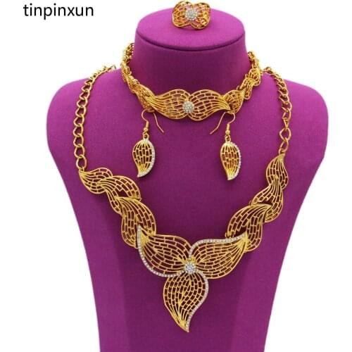 PINXUN Tree Leaf Nigeria Dubai Bridal Wedding Jewelry Set African Fashion Necklace Earring Ring Bracelet Bride Set For Women YS8