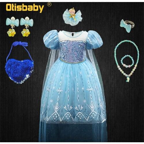 Girl Elsa Dress Halloween Light Blue Cinderella Costume Children Prom Long Dresses Infant Sequin Snowflake Princess Dress Up