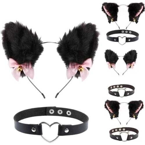Cat Ears Headband Plush Furry Cute Cat Ears with Bow Bell Chocker Fluffy Headwear Kitten Necklace for Party Halloween