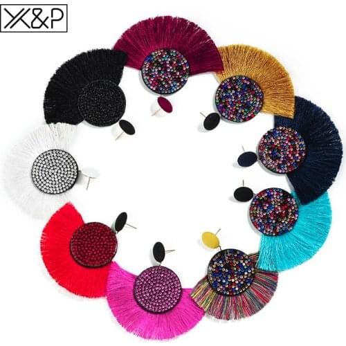X&P Bohemian Crystal Tassel Earrings Ethnic Big Drop Earrings for Women Fashion Silk Fabric Fringe Earing Women BOHO Jewelry