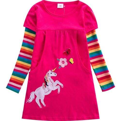 Spring and Autumn Baby Girl Clothes 100% Cotton Cartoon Girl Dress Unicorn Pattern Color Striped Sleeve Straight Girl Dress