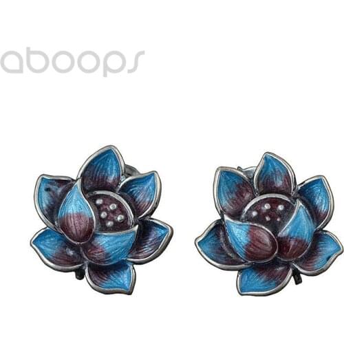 Vintage 925 Sterling Silver Enamel Lotus Stud Earrings for Women Girls,Free Shipping