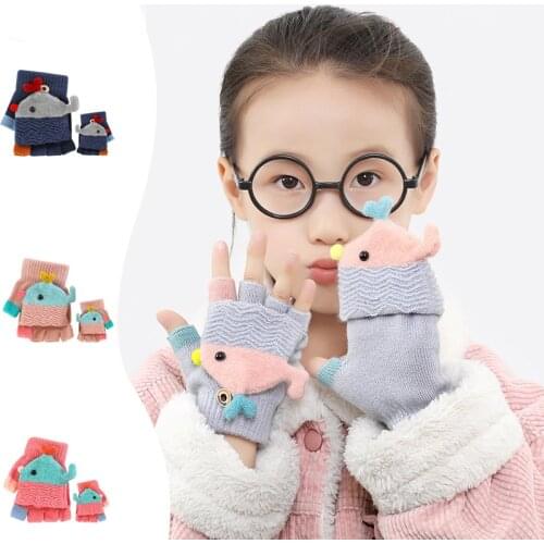 Knitted whale winter warm childrens gloves boys and girls flip half-finger dual-use gloves elementary school children