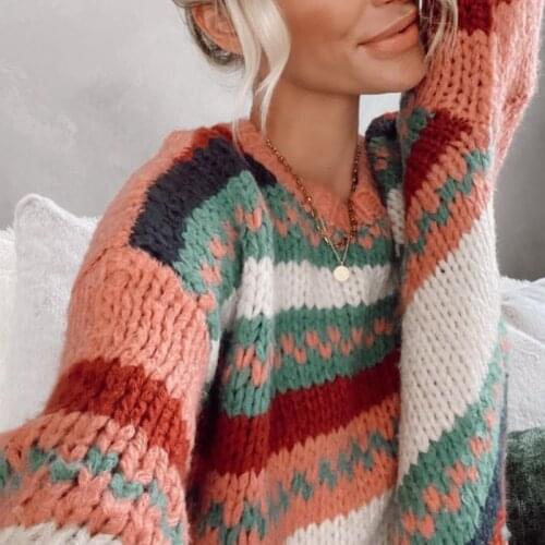 Foridol Striped Knitted Vinatge Loose Sweater Jumper Women Casual Oversized Pink O Neck Pullovers Femme Thick Winter Sweater