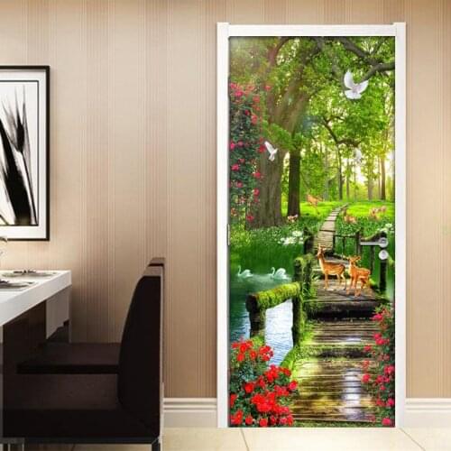 Green Tree Forest Landscape 3D Door Stickers Home Decor Modern Living Room Bedroom Door Sticker Mural Self Adhesive Wallpaper