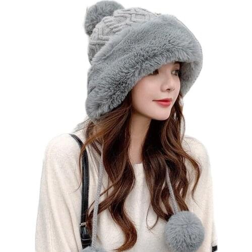 Woman Autumn Winter Mink Knit Bomber Hat Thick Female Fluffy Pompom Outdoor Warm Windproof Earflap Trapper Snow Ski Caps