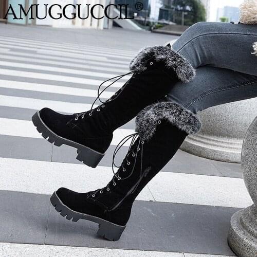 2020 New Plus Big Size 33-43 Black Brown Yellow Lace Up Fashion Female Ladies Winter Warm Rabbit Fur Women Snow Boots X1943