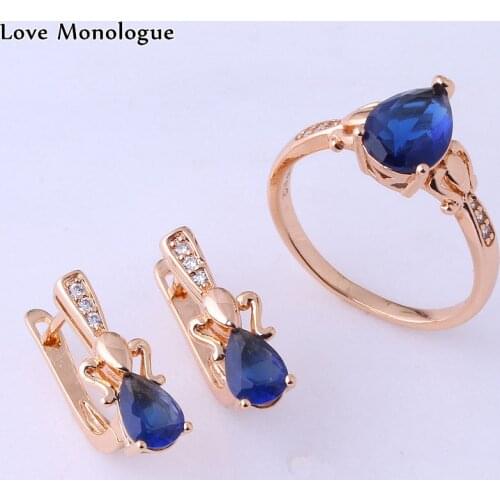 Love Monologue Top Quality Blue Sky Crystal Cubic Zirconia Gold Color Ring & Stud Earring Water Drop Jewelry Sets X0223