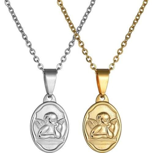 2019 Cupid Angel Pendant Necklace Stainless Steel angel wings Round Amulet Necklace For women Valentines gift