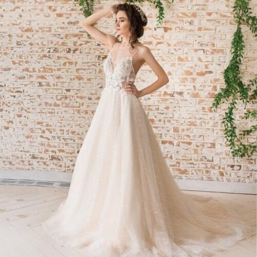 2021 V-Neck Lace Appliques Spaghetti Straps Tulle Backless Bridal A-Line Wedding Dress Bridal Gown robes de mariées