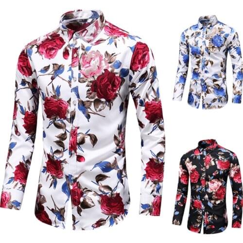 2021 Autumn Men Slim Floral Print Long Sleeve Shirts Fashion Brand Party Holiday Casual Dress Flower Shirt Homme Plus Size 7X