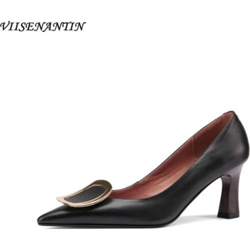 2021 spring new shallow mouth simple fashion work high heel shoes with metal square buckle pointed toe thick heel shoes
