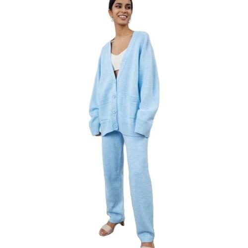 FORERUN Women 2 Pieces Set Solid Deep V-neck Oversized Cardigan High Waist Knitted Pants Sweater Suits Fall Winter Lounge Wear