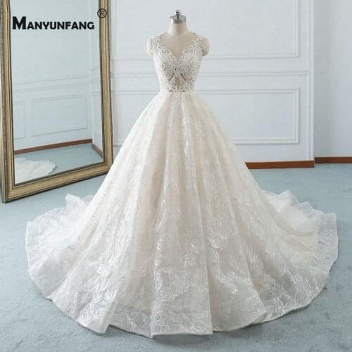 Illusion O-Neck Lace Appliques Tulle Sleeveless Cathedral Train Wedding Dress 2021 Custom Made Button Back Bridal Ball Gown