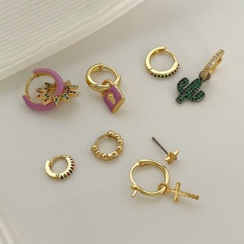 Minar Dainty Brass Gold Hoop Earring Sets Cute Zircon Cactus Cross Earrings Hoops Colorful Star Lock Huggie Earring for Women