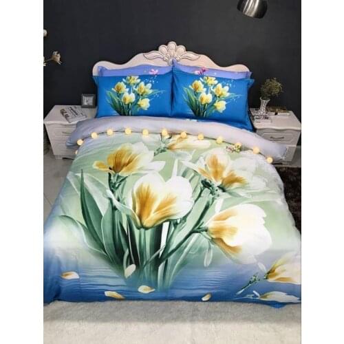 100% Cotton Luxury Printed Flower Bedding Set Wedding Bed Sheet Cover set Duvet Cover Pillowcase Queen 4pcs white tulip lily