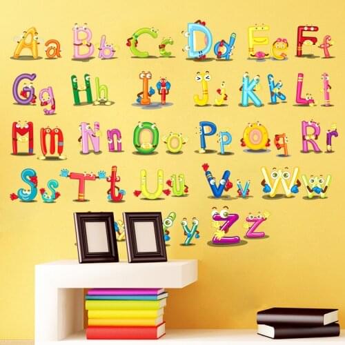 Cartoon wild jungle 26 letters alphabet animal wall stickers for kids room home decoration children room wall decal poster mural