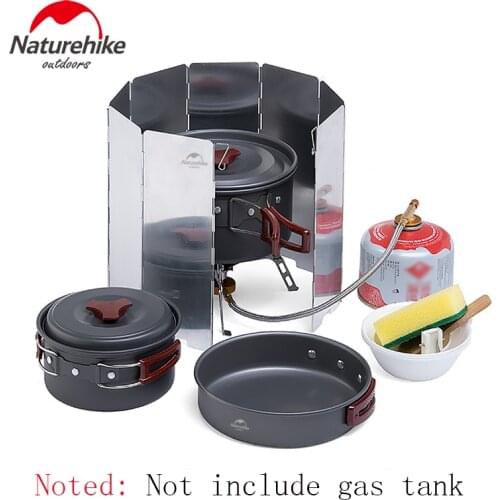 Naturehike 2-3 Person Outdoor Tableware Camping Hiking Cookware Set Cooking Pot Frying Pan for Picnic Aluminum Alloy Windshield