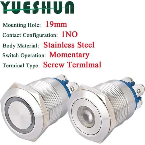 19mm Light Switches 500mA/24VDC Electrical Equipment LED Momentary Stainless Steel Push Button Switch