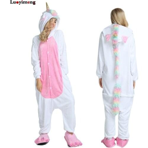 Animal Kigurumi Unicorn Pajamas Set Winter Warm Pyjamas Women Adult Unisex Stitch Panda Pijimas Hooded Women Sleepwear Nightwear