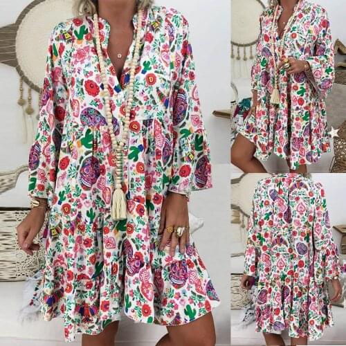 Womens dress Ladies Loose Print Three Quarter Sleeve Mini Dress Bohemian Summer Dress Sundress Retro Collar Casual Robe
