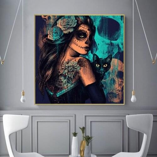 Gothic Witch Posters and Prints Girl Holding Cat Canvas Paintings Nordic Art Living Room Home Wall Decorative Canvas Pictures