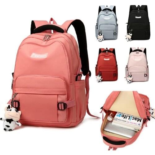 Fashion Womens Backpack Solid Color Large Capacity School Bag For Girls Cute Pendant Nylon Waterproof Student Shoulder Bags