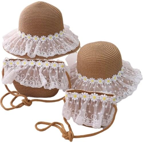 BEIXING001 Parent-child baby girl casual lace floppy straw hat Summer kid child holiday 2pcs a set beach sun hat and bags Panama