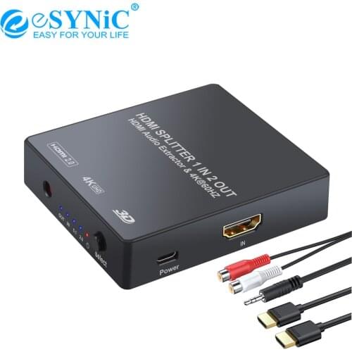 ESYNiC 1x2 Hdmi 2.0 Splitter With Audio Extractor Hdmi To Optical Toslink Spdif + Analog 3.5mm Headphone Stereo Audio Converter