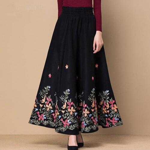 Black Fllower Embroidered Woolen Maxi Skirt Women Elegant High Waist Casual Skirts Mom Fashion Plus Size Skirt Office Lady Wear