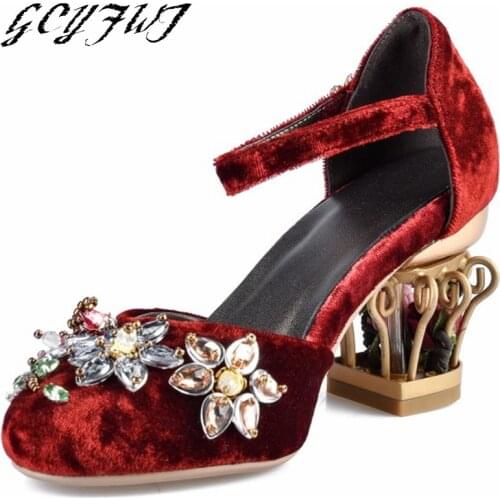Women Sandals Vintage Wedding Bird Cage Hollow Metal High Heel Rhinestone Velvet Ladies Shoes Buckle Flock Sexy Sandalias Mujer