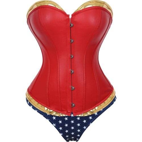Womens Sexy Overbust Faux Leather Corset Bustier Movie Character Costume With Blue Short Cosplay Superhero Costumes Red