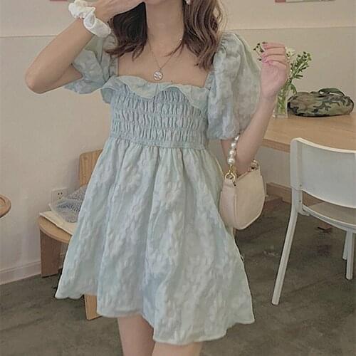 Women Summer Party Dress Sweet Y2K Lady France Style Puff Sleeve Floral Print Square Collar Mini Dress LYQ301