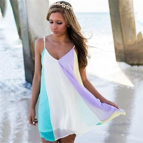 Summer Casual For Womens Sexy Backless Beach Dresses Fashion Spaghetti Stitching Sleeveless Chiffon Rainbow Ladies Dress 2021