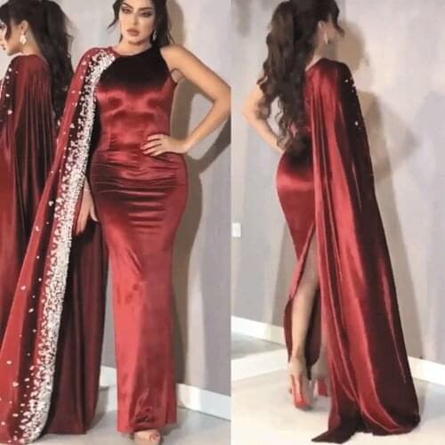 Stunning Wine Red Evening Dresses with Cape Long O-Neck Satin Beaded Burgundy Mermaid Celebrity Prom Gowns For Women Party Wear