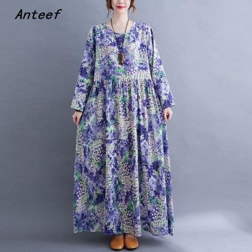 Anteef long sleeve cotton vintage floral dresses for women casual loose woman summer spring autumn dress elegant clothing 2021