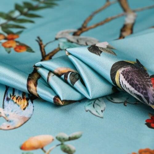 1 Meter X 1.08 Meter Blue Bright Flower Plants Printing Elastic Mulberry Silk Satin Dress Fabric